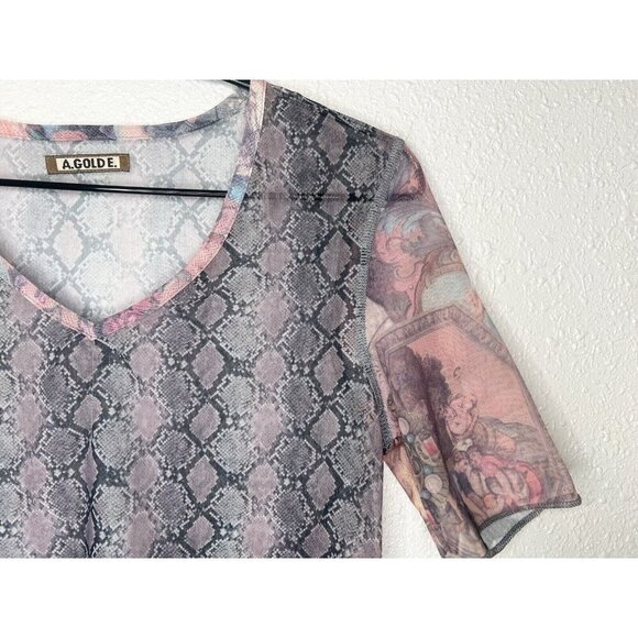 AGOLDE Vintage Mesh Top Y2K 00s Sheer Small Snake Print Mixed Media Romantic - Picture 2 of 10